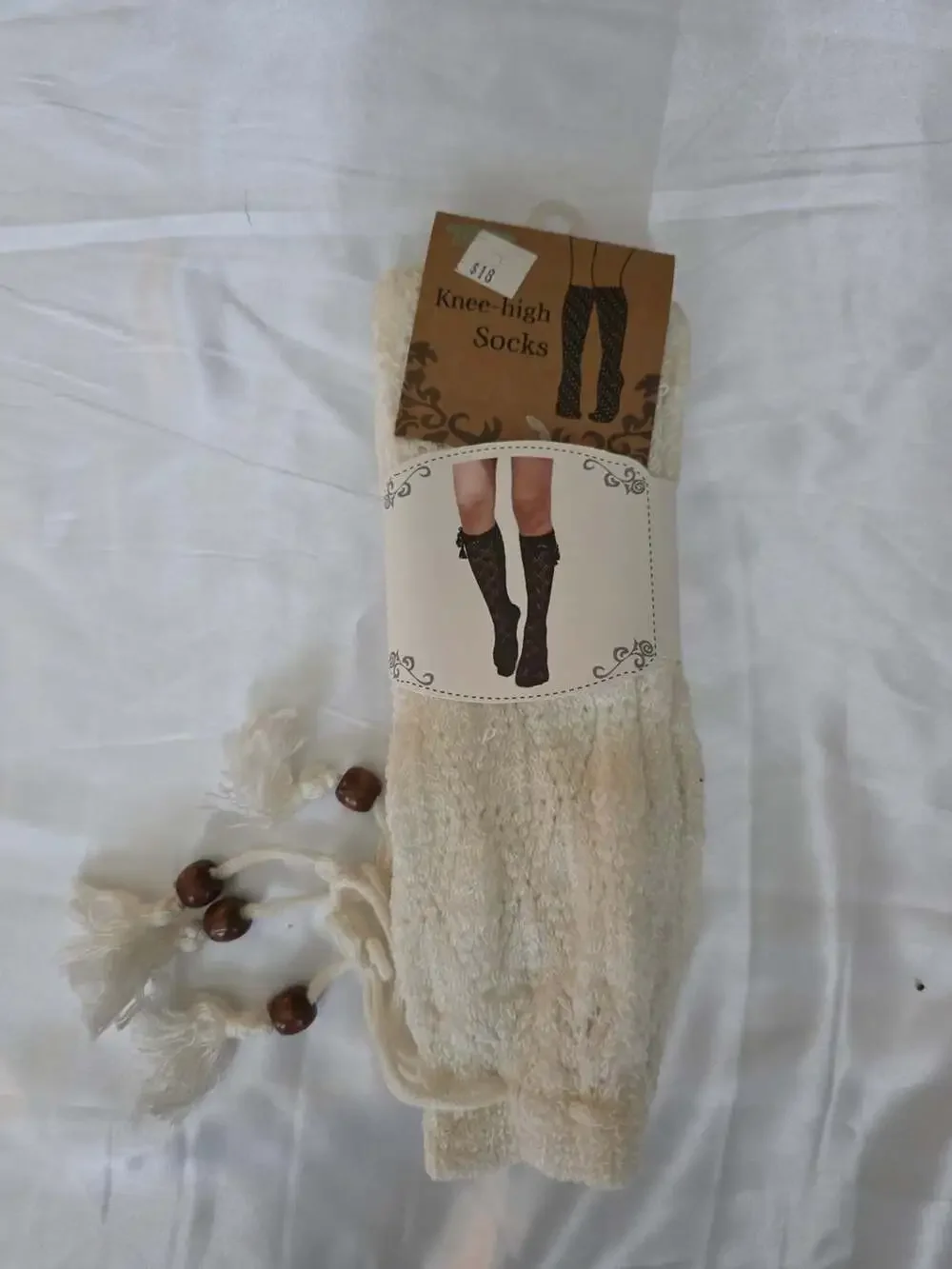 NWT Knee-High Socks Acrylic Spandex Ivory Knit With Tassels And Beads